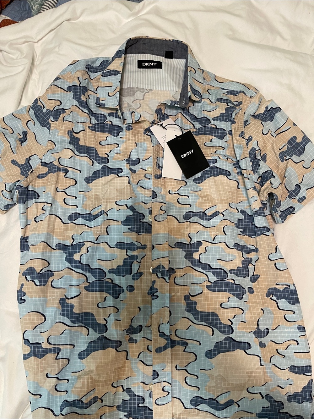 DKNY Men’s Short-Sleeve Camo Button-Down Shirt in Blue and Tan